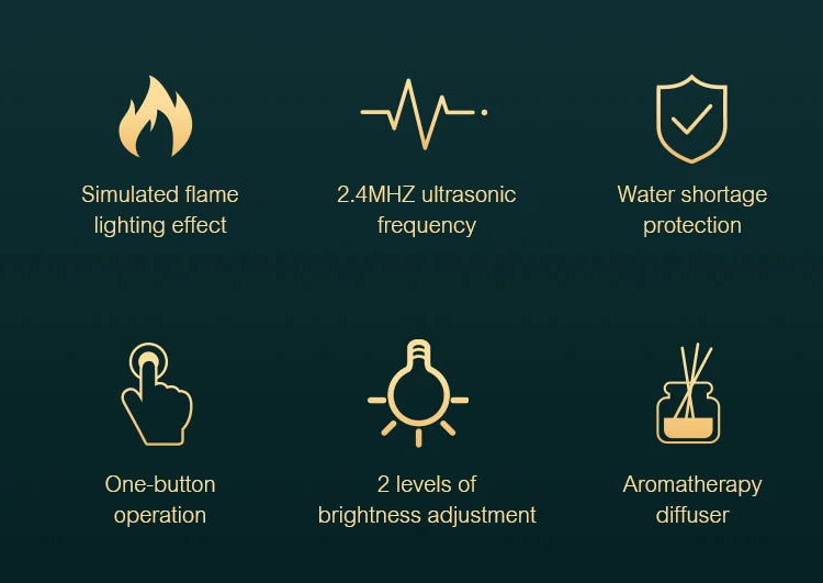 A short guide on some of the features of the flame humidifier on a green background
