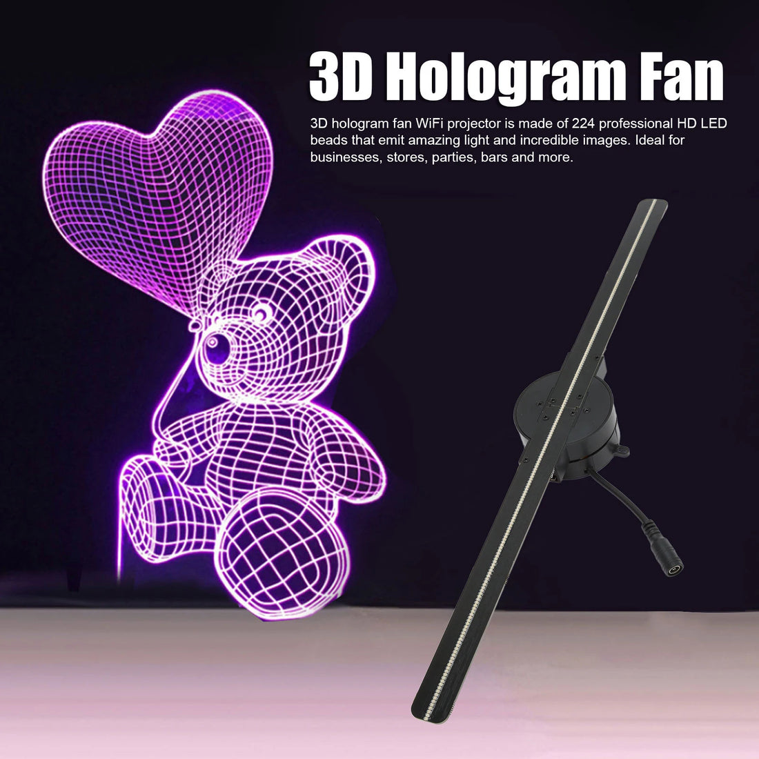 3D hologram fan with teddy bear and heart balloon design on a black background
