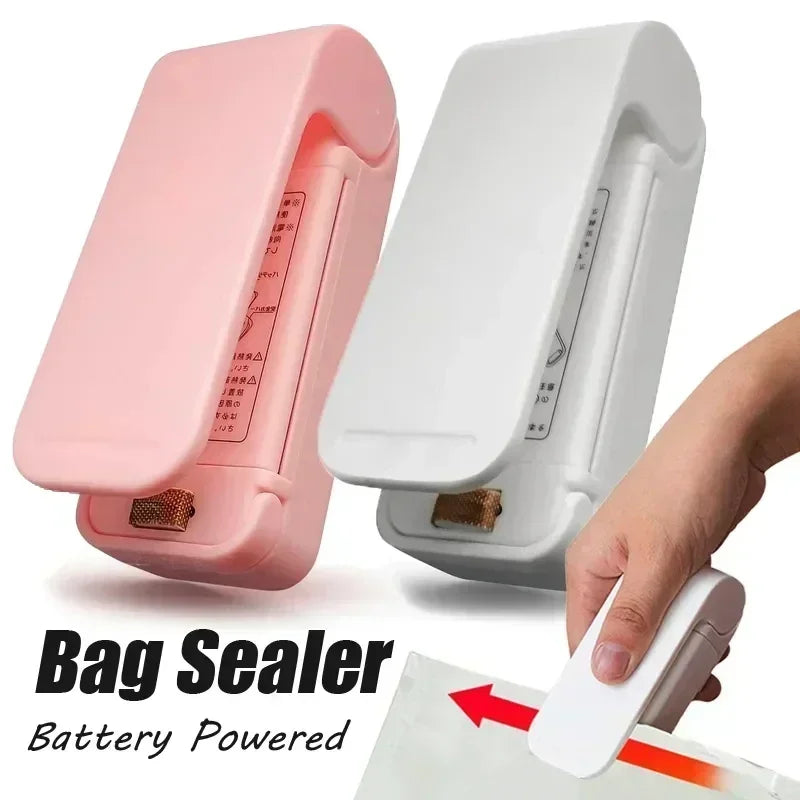 Two portable mini magnetic heat bag sealers in pink and white colors, with a person&