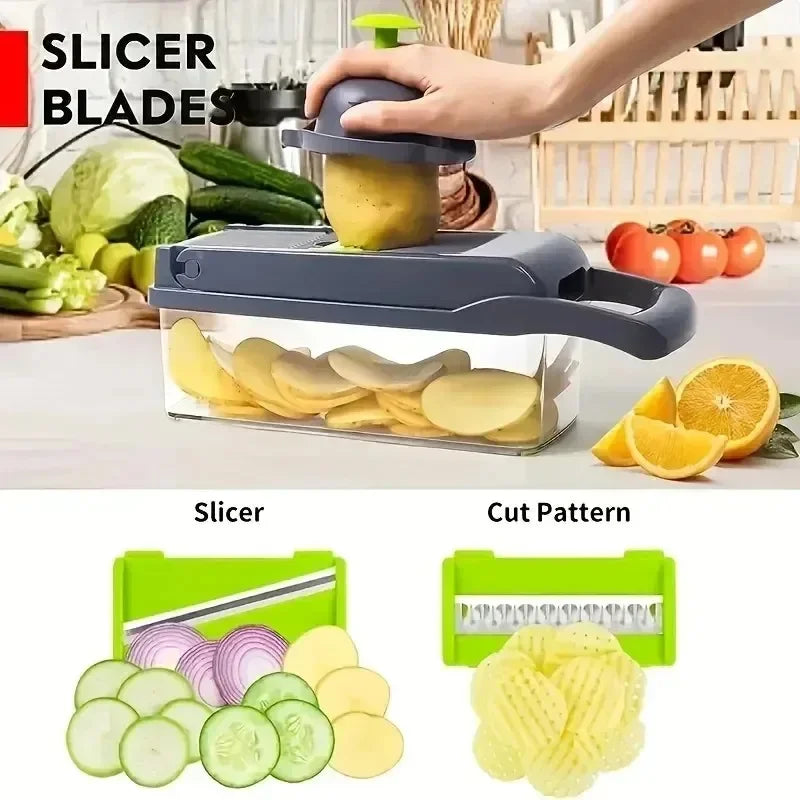 A gray Multifunctional Vegetable Chopper with a onion chopper handle and food grate, displayed in a kitchen and showcasing it&