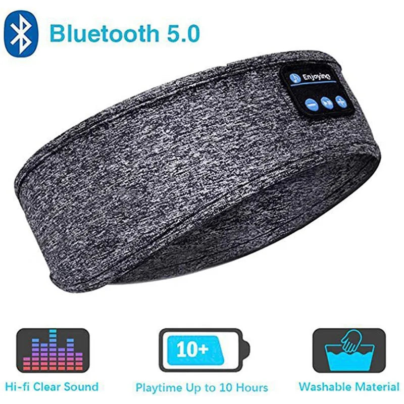 A grey elastic wireless Bluetooth headband with control buttons on the side, indicating features such as hi-fi clear sound, Bluetooth 5.0, playtime up to 10 hours, and washable material.