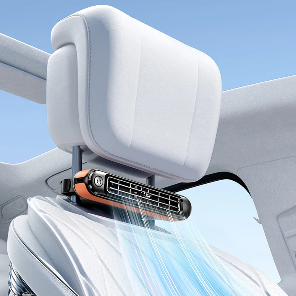 A BreezeComfort Dual-Turbo Headrest Fan attached to a car seat headrest, with a white cover on the seat and a blue sky in the background.