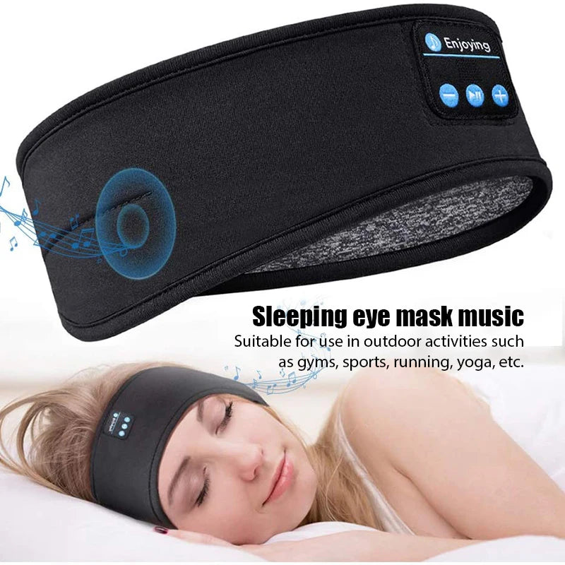 A Bluetooth wireless headband being shown on a sleeping woman on a white background