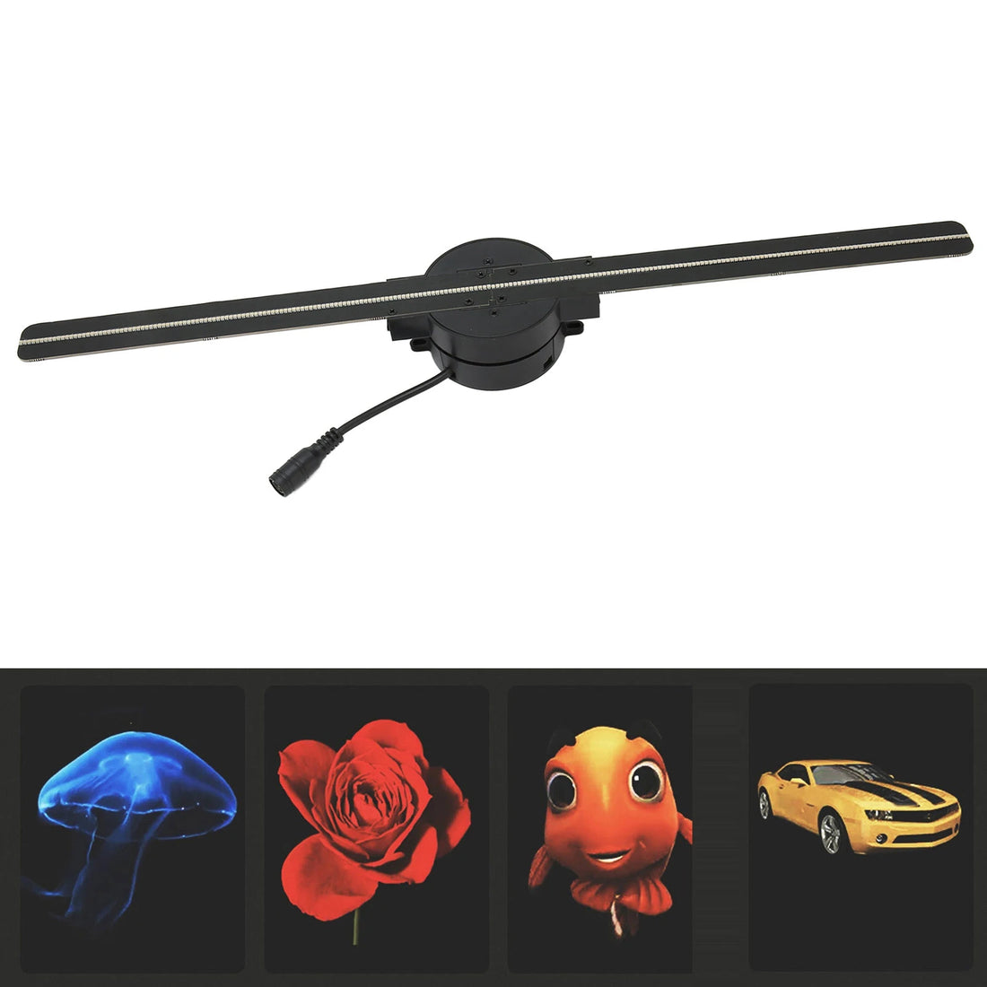 Black LED light bar with color-changing display of a jellyfish, rose, fish, and car.