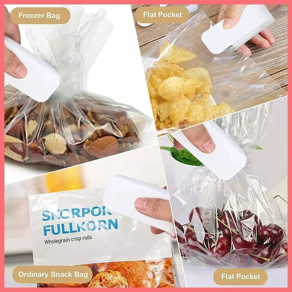 4 images of the bag sealer being used on different sized bags containing different types of food