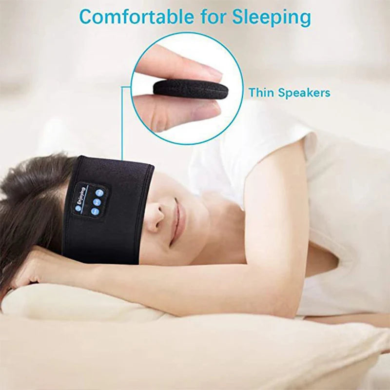 Our Bluetooth sleep mask being shown with thin speakers on a sleeping woman on a soft backround