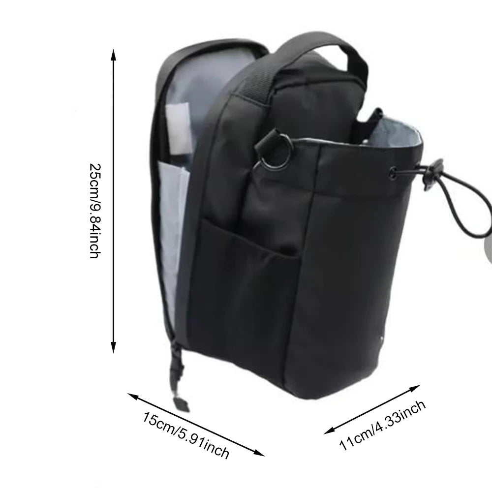 Black backpack with measurements indicated on a white background