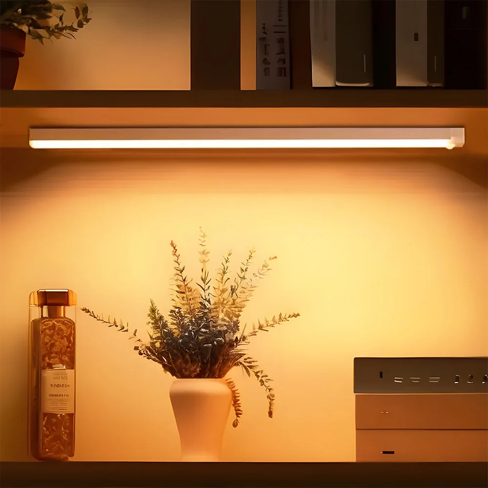 An image showing a soft warm light above a kitchen counter with a green plant