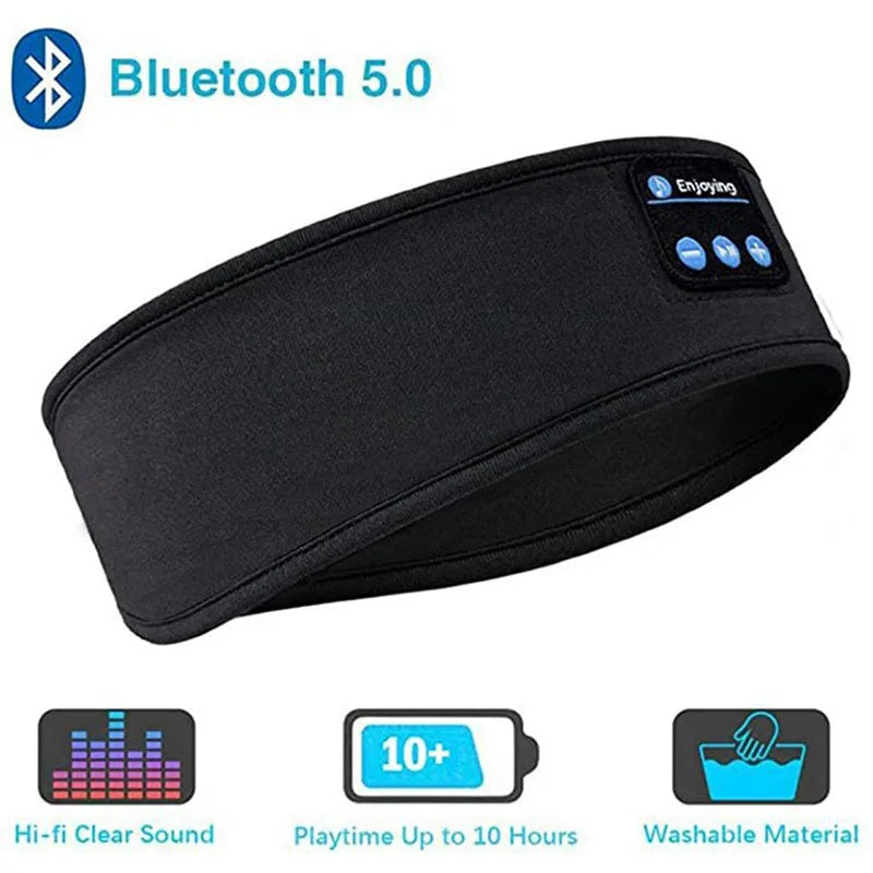 A black elastic wireless Bluetooth headband with control buttons on the side, indicating features such as hi-fi clear sound, Bluetooth 5.0, playtime up to 10 hours, and washable material.