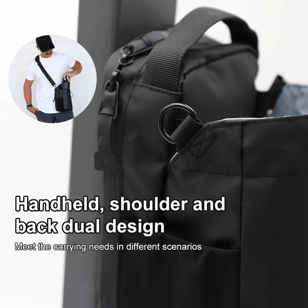 Black bag with handheld, shoulder, and back dual design features.