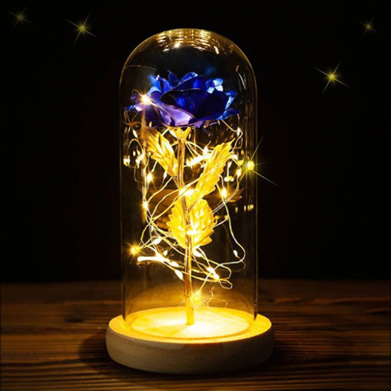 Eternal Bloom LED Rose Light showing detailed gold-plated petals and soft illumination