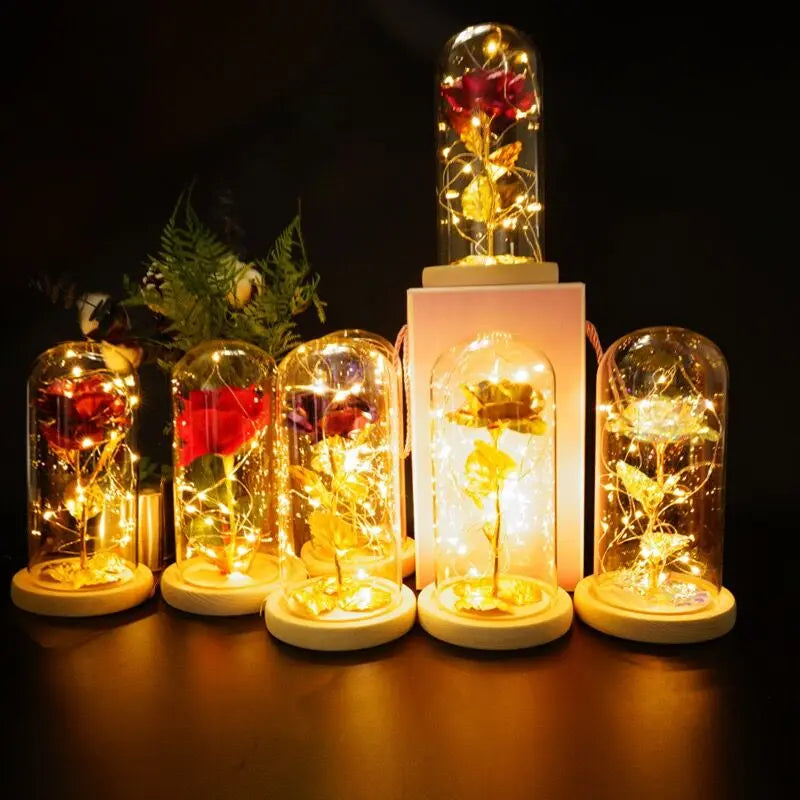 Illuminated Gold Foil Rose creating romantic ambiance in bedroom setting