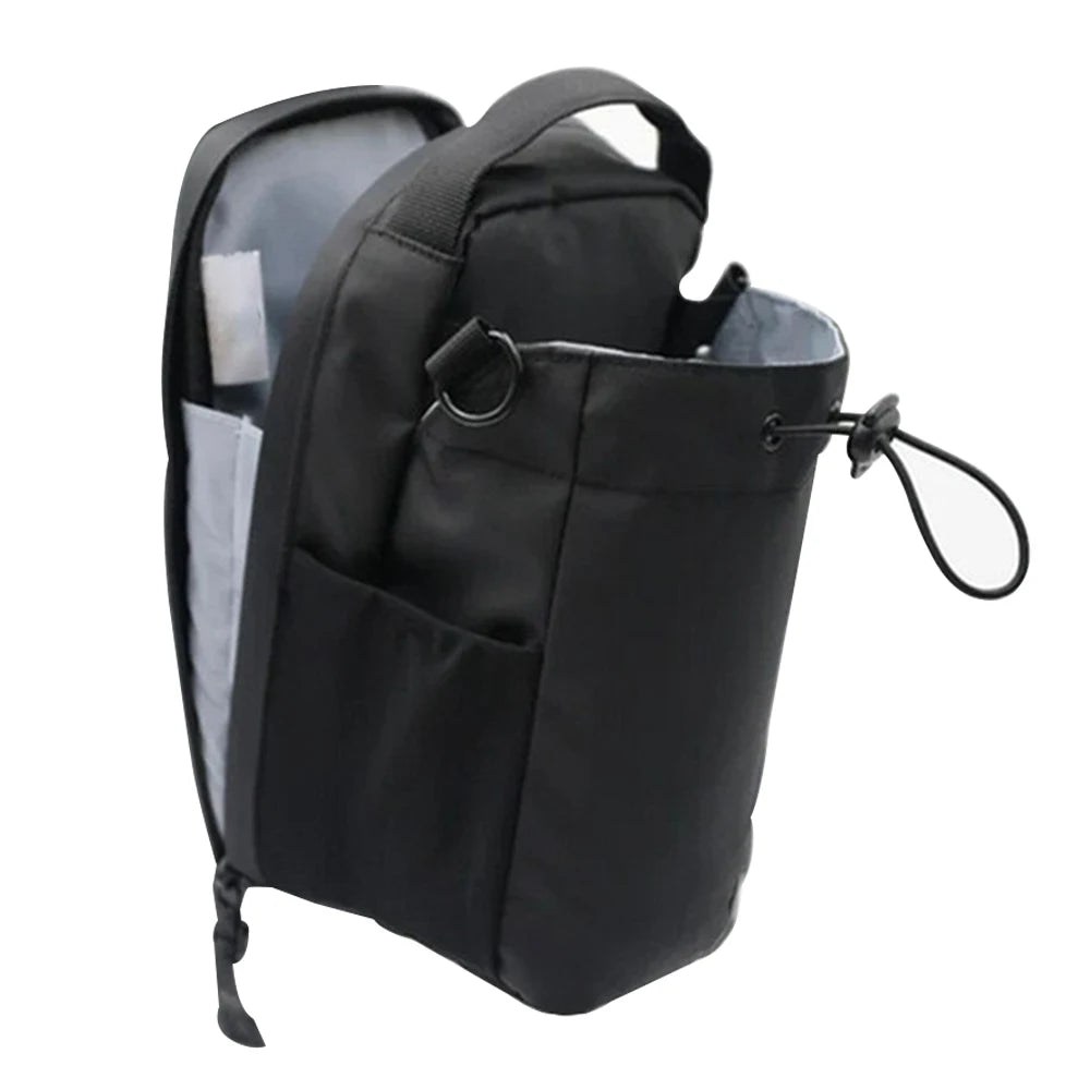 Black backpack with a clear side pocket on a white background