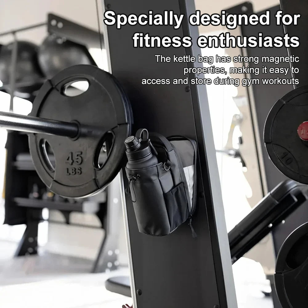 MagniCarry Pro magnetic gym bag attached to metal gym equipment showing hands-free storage