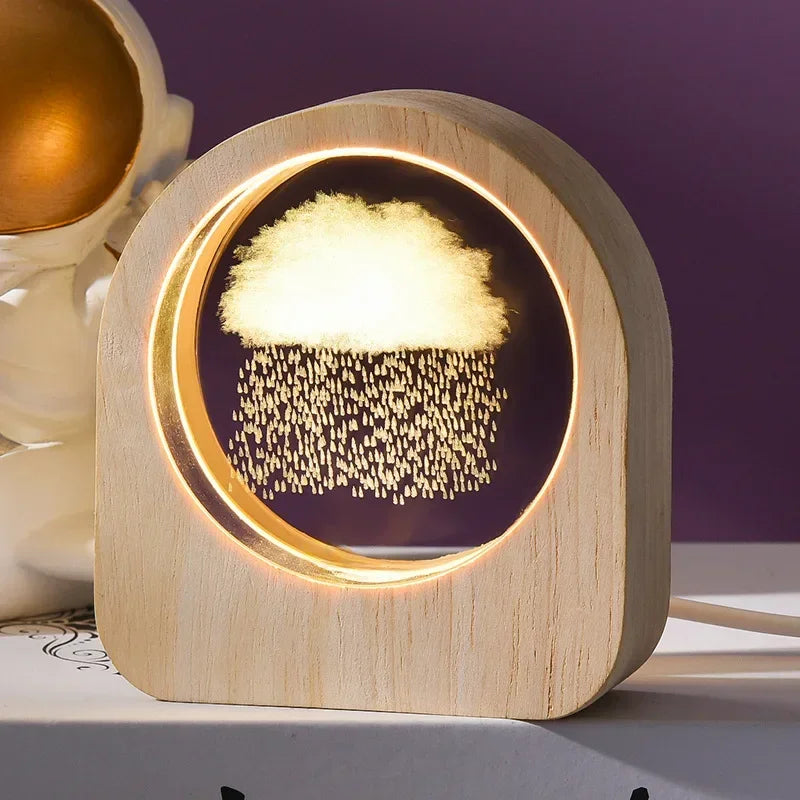 A 3d laser engraved desk decor with the image of a rain cloud inside an illuminated wooden frame