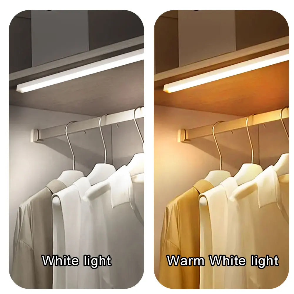 Wireless LED Motion Sensor Light Bar showing a white light and soft light difference in a closet