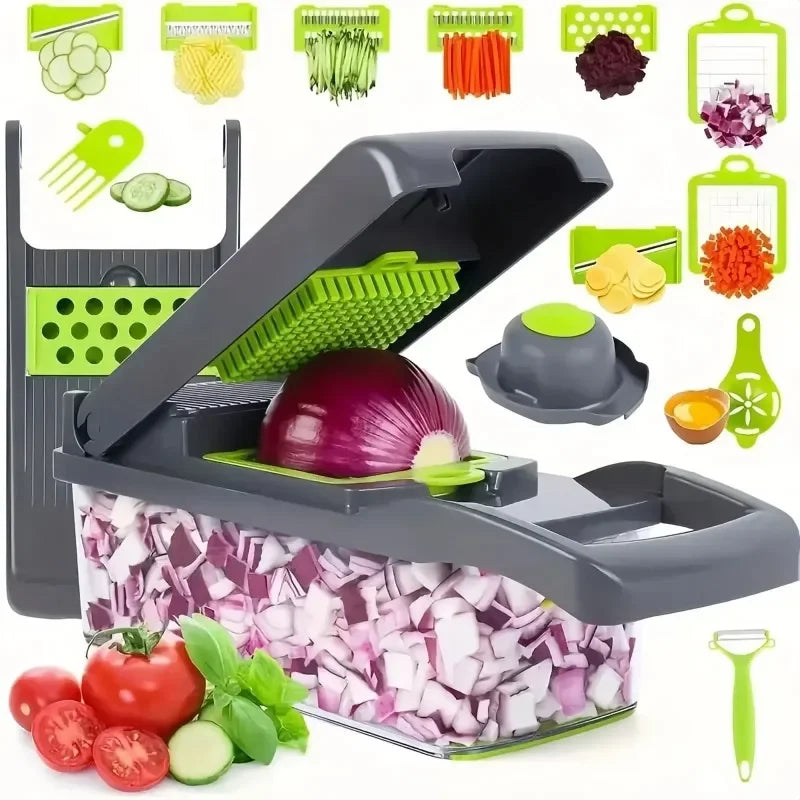 A gray Multifunctional Vegetable Chopper with a onion chopper handle and food grate, displayed in a kitchen setting with various vegetables around it, indicating its use for slicing and dicing.