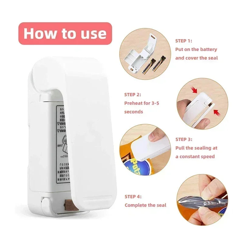 A how to use guide on a white background showcasing how to use this magnetic bag sealer