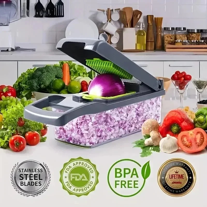 A gray Multifunctional Vegetable Chopper with a onion chopper handle and food grate, displayed in a kitchen setting with various vegetables around it, indicating its use for slicing and dicing.