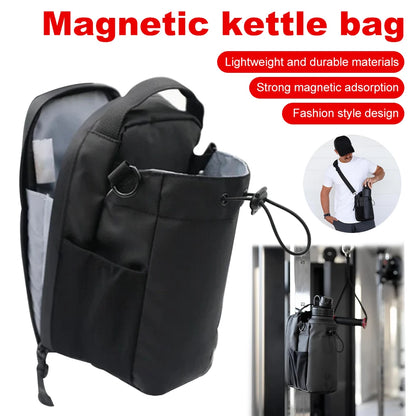 Black magnetic kettle bag with features highlighted on a white background