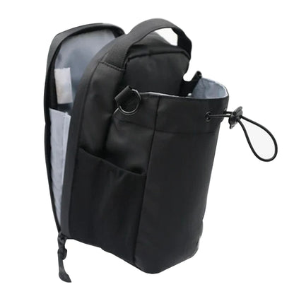 Black backpack with a clear side pocket on a white background